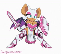 Size: 1146x1019 | Tagged: safe, artist:omegasunburst, rouge the bat (sonic), bat, mammal, anthro, sega, sonic the hedgehog (series), 2020, armor, battle stance, breasts, cleavage, clothes, female, knight, loincloth, shield, solo, solo female, sword, weapon