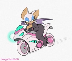 Size: 1052x900 | Tagged: safe, artist:omegasunburst, rouge the bat (sonic), bat, mammal, anthro, sega, sonic the hedgehog (series), 2020, bicycle, bodysuit, breasts, cleavage, clothes, female, looking back, open mouth, simple background, solo, solo female, tight clothing, white background