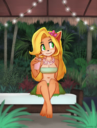 Size: 790x1037 | Tagged: safe, artist:soupbag, coco bandicoot (crash bandicoot), bandicoot, mammal, marsupial, anthro, crash bandicoot (series), bed, bottomwear, breasts, clothes, crossed legs, cute, drink, drinking straw, female, flower, flower in hair, hair, hair accessory, holding object, hula skirt, jungle, lights, sitting on bed, skirt, smiling, solo, solo female, topwear