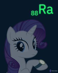 Size: 4000x5000 | Tagged: safe, artist:parclytaxel, part of a set, rarity (mlp), equine, fictional species, mammal, pony, unicorn, feral, series:joycall6's periodic table, friendship is magic, hasbro, my little pony, .svg available, 2020, absurd resolution, blue background, chemistry, dark, female, frowning, glow in the dark, glowing, looking back, mare, on model, periodic table, radium, simple background, solo, solo female, this will end in cancer, vector, watch