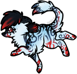Size: 278x268 | Tagged: safe, artist:mango-blossom, oc, oc only, canine, feline, fictional species, hybrid, mammal, feral, 2013, ambiguous gender, black background, body markings, kiamara, low res, simple background, smiling, solo, solo ambiguous, tail