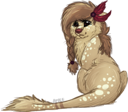 Size: 394x345 | Tagged: safe, artist:mango-blossom, oc, oc only, oc:jane (limefeather), canine, feline, fictional species, hybrid, mammal, feral, 2013, female, gift art, hair, hair band, kiamara, low res, simple background, smiling, solo, solo female, tail, transparent background