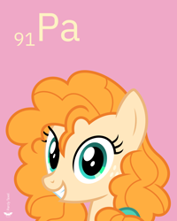 Size: 4000x5000 | Tagged: safe, artist:parclytaxel, pear butter (mlp), earth pony, equine, fictional species, mammal, pony, feral, series:joycall6's periodic table, friendship is magic, hasbro, my little pony, .svg available, 2020, absurd resolution, bust, chemistry, cute, female, grin, looking at you, mare, on model, periodic table, pink background, portrait, protactinium, simple background, smiling, solo, solo female, vector