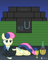 Size: 4000x5000 | Tagged: safe, artist:parclytaxel, part of a set, bon bon (mlp), earth pony, equine, fictional species, mammal, pony, feral, series:joycall6's periodic table, friendship is magic, hasbro, my little pony, .svg available, absurd resolution, alcohol, bottle, chemistry, chianti, chicago pile-1, clothes, draw me like one of your french girls, drink, enrico fermi, female, glass, lidded eyes, looking at you, lying down, manhattan project, mare, necktie, on side, periodic table, radioactive, shirt, smiling, smirk, solo, solo female, suit, tail, topwear, uranium, uranium glass, vector, wine, wine glass