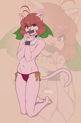 Size: 727x1100 | Tagged: suggestive, alternate version, artist:avablanched, cat, feline, mammal, anthro, digitigrade anthro, 2018, bondage, chest fluff, clawdia (fighting foodons), clothes, commission, female, fighting foodons, fluff, gagged, kneeling, nudity, panties, partial nudity, solo, solo female, tail, tape gag, tied hands, tied up, underwear, zoom layer
