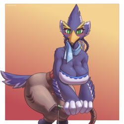 Size: 1280x1280 | Tagged: safe, artist:cooliehigh, revali (zelda), bird, fictional species, rito, anthro, nintendo, the legend of zelda, the legend of zelda: breath of the wild, beak, big breasts, blushing, breasts, cleavage, feathers, female, leaning forward, rule 63, solo, solo female, tail, tail feathers