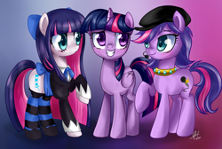 Size: 1280x862 | Tagged: safe, artist:zorbitas, stocking anarchy (psg), twilight sparkle (mlp), zoe trent (lps), alicorn, angel, earth pony, equine, fictional species, mammal, pony, feral, friendship is magic, hasbro, littlest pet shop, littlest pet shop (2012), my little pony, panty and stocking with garterbelt, angel pony, bow, clothes, crossover, female, feralized, fur, furrified, hair, hat, mare, microphone, ponified, purple fur, purple hair, purple tail, species swap, tail, trio, trio female