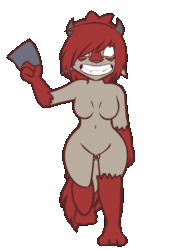 Size: 428x625 | Tagged: suggestive, artist:skashi95, oc, oc only, oc:smiley cindy (skashi95), demon, fictional species, grinion, mammal, anthro, cc by-nc, creative commons, 2020, 2d, 2d animation, animated, bouncing breasts, breasts, creepy, creepy smile, featureless breasts, featureless crotch, female, front view, gif, hair, horns, no pupils, red hair, running, simple background, smiling, solo, solo female, tail, teeth, transparent background