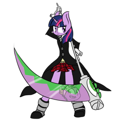 Size: 744x782 | Tagged: safe, artist:zeroponycreations, maka albarn (soul eater), soul evans (soul eater), spike (mlp), twilight sparkle (mlp), dragon, equine, fictional species, mammal, pony, unicorn, anthro, friendship is magic, hasbro, my little pony, soul eater, anthrofied, bottomwear, clothes, cosplay, crossover, duo, female, female focus, inanimate tf, male, male/female, mare, pleated skirt, scythe, shipping, shirt, skirt, solo focus, topwear, twispike (mlp)