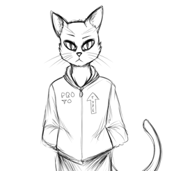 Size: 750x739 | Tagged: dead source, safe, artist:replica, oc, oc only, oc:mouse the cat (replica), cat, feline, mammal, anthro, :<, black and white, cheek fluff, clothes, english text, fluff, frowning, grayscale, hands in pockets, hoodie, looking at you, male, monochrome, simple background, sketch, slit pupils, solo, solo male, tail, text, topwear, whiskers, white background