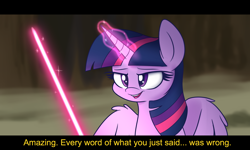 Size: 1500x900 | Tagged: safe, artist:heir of rick, twilight sparkle (mlp), alicorn, equine, fictional species, mammal, pony, feral, friendship is magic, hasbro, my little pony, star wars, energy weapon, female, lightsaber, solo, solo female, weapon