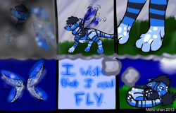 Size: 1400x898 | Tagged: safe, artist:quantumnightmare, oc, oc only, canine, feline, fictional species, hybrid, mammal, feral, 2013, ambiguous gender, comic, kiamara, sad, solo, solo ambiguous, spots, tail, wings