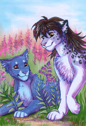 Size: 525x763 | Tagged: safe, artist:imanika, big cat, feline, leopard, mammal, feral, ambiguous gender, brown eyes, chest fluff, duo, flower, fluff, smiling, traditional art