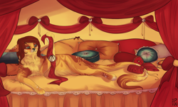 Size: 1600x964 | Tagged: safe, artist:meveh, oc, oc only, canine, feline, fictional species, hybrid, mammal, feral, 2013, ambiguous gender, bed, cushion, kiamara, lying down, pillow, ribbon, solo, solo ambiguous, tail