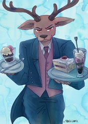 Size: 1448x2048 | Tagged: safe, artist:trashcamell, louis (beastars), cervid, deer, mammal, anthro, beastars, antlers, berry, blue background, brown fur, cake, clothes, food, fruit, fur, ice cream, male, necktie, plate, red eyes, simple background, solo, solo male, spoon, strawberry, suit, topwear, vest