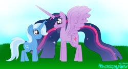Size: 1280x695 | Tagged: safe, artist:ioveanimals100, trixie (mlp), twilight sparkle (mlp), alicorn, equine, fictional species, mammal, pony, unicorn, feral, friendship is magic, hasbro, my little pony, 2020, duo, duo female, feathered wings, feathers, female, female/female, horn, looking at each other, mare, older, shipping, smiling, tail, twixie (mlp), wings