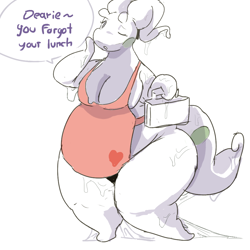 Size: 1000x1000 | Tagged: suggestive, artist:shame, fictional species, goo creature, goodra, anthro, nintendo, pokémon, apron, big breasts, breasts, cleavage, clothes, dialogue, dragoness, fat, female, goo, holding object, looking at you, lunchbox, naked apron, nudity, one eye closed, open mouth, overweight, partial nudity, simple background, solo, solo female, tail, talking, talking to viewer, thick thighs, thighs, white background