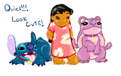 Size: 1354x850 | Tagged: safe, artist:littletiger488, angel (lilo & stitch), lilo pelekai (lilo & stitch), stitch (lilo & stitch), alien, experiment (lilo & stitch), fictional species, human, mammal, semi-anthro, disney, lilo & stitch, antennae, back marking, black hair, blue claws, blue fur, blue nose, chest marking, claws, clothes, collar, colored sketch, ears, ears down, english text, female, fur, group, hair, male, muumuu, pink fur, purple nose, simple background, sketch, standing, torn ear, white background