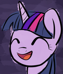 Size: 639x753 | Tagged: safe, artist:darkest hour, twilight sparkle (mlp), alicorn, equine, fictional species, mammal, pony, feral, friendship is magic, hasbro, my little pony, 2018, digital art, eyes closed, female, fur, hair, happy, horn, mane, mare, open mouth, pink hair, purple fur, purple hair, reaction image, smiling, solo, solo female, three-quarter view, tongue