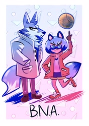 Size: 1448x2048 | Tagged: safe, artist:trashcamell, michiru kagemori (bna), shirou ogami (bna), canine, mammal, raccoon dog, wolf, anthro, bna: brand new animal, ball, basketball, blue eyes, blue fur, blue hair, brown fur, chest fluff, clothes, coat, duo, ear fluff, female, fluff, fur, hair, hands in pockets, head fluff, male, shoes, sneakers, topwear, yellow eyes