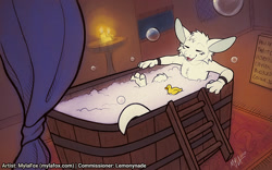 Size: 1280x800 | Tagged: safe, artist:mylafox, oc, oc only, oc:minnow (lemonynade), dragon, fictional species, furred dragon, anthro, 2020, big ears, black body, bubble bath, bubbles, candle, cheek fluff, cottagecore, cute, digital art, ears, eyes closed, fire, fluff, fur, head fluff, indoors, male, nudity, open mouth, partially submerged, reptile feet, reptile soles, rubber duck, signature, soles, solo, solo male, tail, tongue, toy, white body