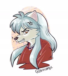Size: 1832x2048 | Tagged: safe, artist:trashcamell, inuyasha (inuyasha), canine, dog, mammal, anthro, inuyasha, amber eyes, annoyed, anthrofied, cheek fluff, ear fluff, fluff, fur, furrified, gray hair, hair, jewelry, male, neck fluff, necklace, nose wrinkle, snarling, solo, solo male, teeth, white fur