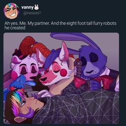 Size: 2000x2000 | Tagged: safe, artist:flowerygarrland, bonnie (fnaf), helpy (fnaf), mangle (fnaf), animatronic, canine, fox, human, lagomorph, mammal, rabbit, robot, anthro, five nights at freddy's, twitter, ah yes me my girlfriend and her x, ambiguous gender, bed, clothes, eyes closed, female, group, hair, high res, male, male/female, meme, rainbow hair, sleeping