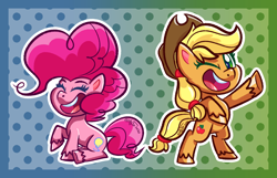 Size: 1050x678 | Tagged: safe, artist:binkyt11, applejack (mlp), pinkie pie (mlp), earth pony, equine, fictional species, mammal, pony, feral, friendship is magic, hasbro, my little pony, my little pony: pony life, clothes, duo, duo female, female, gradient background, hair, hair tie, hat, hooves, laughing, mare, polka dot background, rearing, stetson, unshorn fetlocks