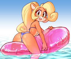 Size: 860x713 | Tagged: safe, artist:wamudraws, coco bandicoot (crash bandicoot), bandicoot, mammal, marsupial, anthro, cc by-nc, crash bandicoot (series), creative commons, 2020, balloon, bikini, butt, clothes, digital art, female, floating, green eyes, looking at you, looking back, pool toy, smiling, solo, solo female, swimsuit, water