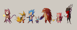 Size: 3480x1357 | Tagged: dead source, safe, artist:dustyleaves, amy rose (sonic), blaze the cat (sonic), knuckles the echidna (sonic), miles "tails" prower (sonic), rouge the bat (sonic), shadow the hedgehog (sonic), sonic the hedgehog (sonic), bat, canine, cat, echidna, feline, fox, hedgehog, mammal, monotreme, red fox, anthro, sega, sonic the hedgehog (series), 2016, dipstick tail, female, fluff, fur, goggles, goggles on head, gray background, group, lavender fur, male, multiple tails, orange tail, quills, red tail, redesign, ring (sonic), simple background, tail, tail fluff, two tails, white tail