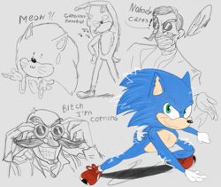 Size: 1065x899 | Tagged: safe, artist:fnafmangl, doctor eggman (sonic), sonic the hedgehog (sonic), hedgehog, human, mammal, anthro, sega, sonic the hedgehog (series), sonic the hedgehog movie, 2019, dialogue, goggles, gray background, group, male, musical note, quills, scene interpretation, signature, simple background, sparkles, swearing, sweatdrop, talking, ugly sonic, vulgar