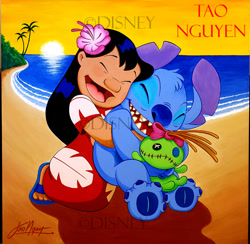 Size: 717x700 | Tagged: safe, artist:tao nguyen, lilo pelekai (lilo & stitch), scrump (lilo & stitch), stitch (lilo & stitch), alien, experiment (lilo & stitch), fictional species, human, mammal, semi-anthro, disney, lilo & stitch, beach, black hair, blue fur, blue nose, child, clothes, detailed background, duo, duo male and female, ears, eyes closed, female, flower, fur, hair, happy, hibiscus, hug, inanimate object, male, muumuu, open mouth, open smile, palm tree, ragdoll, sandals, shoes, signature, smiling, sunset, torn ear, tree, watermark, young