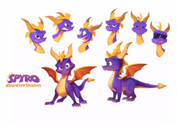 Size: 2898x2070 | Tagged: safe, artist:nicholaskole, official art, spyro the dragon (spyro), dragon, fictional species, western dragon, feral, spyro the dragon (series), 2018, claws, digital art, fangs, glasses, high res, horns, logo, male, open mouth, purple eyes, purple scales, purple tail, scales, sharp teeth, simple background, solo, solo male, spines, sunglasses, tail, teeth, tongue, white background, white claws, yellow scales