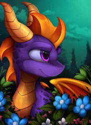 Size: 2087x2873 | Tagged: safe, artist:pridark, spyro the dragon (spyro), dragon, fictional species, western dragon, feral, spyro the dragon (series), 2018, bust, digital art, flower, high res, horns, male, outdoors, purple eyes, purple scales, scales, sky, solo, solo male, spines, technical advanced, tree, webbed wings, wings, yellow scales