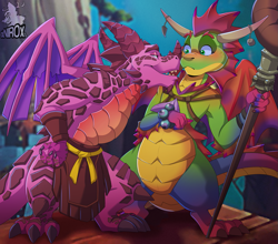 Size: 1403x1236 | Tagged: safe, artist:xnir0x, halvor (spyro), isaak (spyro), dragon, fictional species, western dragon, anthro, spyro the dragon (series), 2019, blushing, claw hold, claws, digital art, duo, duo male, gray claws, green eyes, green scales, green tail, holding, horns, male, male/male, males only, open mouth, outdoors, purple scales, purple tail, scales, sharp teeth, shipping, spines, tail, teeth, webbed wings, wings, yellow scales