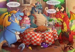 Size: 1650x1158 | Tagged: safe, artist:xnir0x, alvar (spyro), devlin (spyro), gavin (spyro), spyro the dragon (spyro), dragon, fictional species, western dragon, anthro, feral, spyro the dragon (series), 2019, belt, blue scales, blue tail, building, cake, carnivore, claws, clothes, coffee, coffee mug, commission, dialogue, digital art, drink, fangs, food, grass, group, hiding, horns, male, males only, meat, nose piercing, nose ring, open mouth, outdoors, piercing, purple eyes, red scales, scales, sharp teeth, slightly chubby, speech bubble, spines, table, tail, talking, tattoo, teeth, town square, tree, webbed wings, white claws, wings, yellow scales