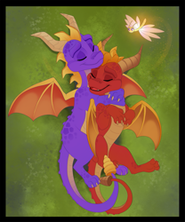 Size: 667x800 | Tagged: safe, artist:kitchiki, flame the dragon (spyro), sparx (spyro), spyro the dragon (spyro), arthropod, dragon, dragonfly, fictional species, insect, feral, spyro the dragon (series), 2020, antennae, claws, digital art, eyes closed, fanfic art, grass, horns, hug, lying down, male, male/male, males only, on back, purple scales, purple tail, red scales, red tail, scales, shipping, spines, spyro/flame (spyro), tail, trio, trio male, webbed wings, white claws, wings, yellow scales