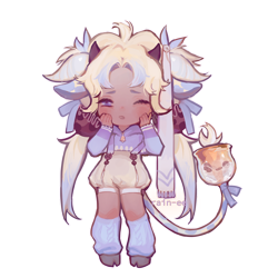 Size: 1024x1062 | Tagged: safe, artist:vipop, oc, oc only, animal humanoid, bovid, cattle, cow, fairy vial, fictional species, mammal, humanoid, 2019, bell, bottomwear, chibi, clothes, cute, female, horns, pants, shirt, simple background, solo, solo female, tail, topwear, transparent background