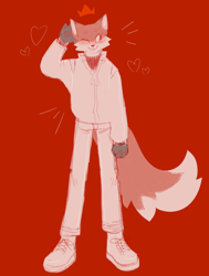 Size: 1508x2000 | Tagged: safe, artist:radiopuncher, oc, oc only, oc:fundy, canine, fox, mammal, red fox, anthro, plantigrade anthro, minecraft, youtube, 2020, bottomwear, clothes, crown, hoodie, jewelry, male, pants, red background, regalia, shoes, simple background, solo, solo male, tail, topwear