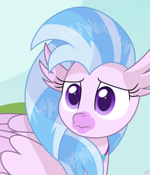 Size: 950x1104 | Tagged: safe, artist:rainbow eevee, silverstream (mlp), bird, equine, fictional species, hippogriff, mammal, feral, friendship is magic, hasbro, my little pony, cute, female, folded wings, frowning, hair, looking at something, magenta eyes, mane, purple eyes, scene interpretation, sky, solo, solo female, watermark, wings