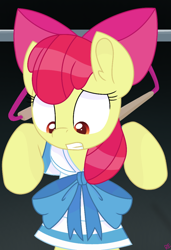 Size: 764x1117 | Tagged: safe, artist:rainbow eevee, apple bloom (mlp), earth pony, equine, fictional species, mammal, pony, semi-anthro, friendship is magic, hasbro, my little pony, sailor moon, bottomwear, bow, clothes, cute, ear fluff, female, filly, fluff, foal, hair, hooves, looking down, mane, scene interpretation, simple background, skirt, solo, solo female, young
