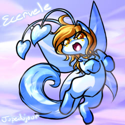 Size: 500x500 | Tagged: safe, artist:jupeboxgal, oc, oc only, oc:ethervele, aisha, alien, fairy, feline, fictional species, mammal, feral, neopets, 2009, :d, ahoge, antennae, blonde hair, blue fur, blue tail, blue wings, butterfly wings, character name, cute, english text, facial markings, female, flying, fur, hair, insect wings, jewelry, looking at you, low res, necklace, oekaki, open mouth, open smile, signature, smiling, solo, solo female, tail, text, watermark, wings, yellow eyes, yellow fur