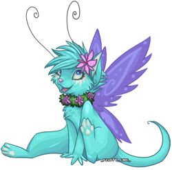 Size: 447x440 | Tagged: safe, artist:cirustar, oc, oc only, oc:juri (cirustar), aisha, alien, fairy, feline, fictional species, mammal, feral, neopets, 2008, antennae, blue eyes, blue wings, butterfly wings, cheek fluff, chest fluff, english text, female, flower, flower in hair, fluff, fur, hair, hair accessory, head fluff, insect wings, jewelry, low res, necklace, obtrusive watermark, oekaki, open mouth, open smile, paw pads, paws, signature, simple background, sitting, smiling, solo, solo female, tail, teal fur, teal hair, teal tail, underpaw, watermark, white background, wings