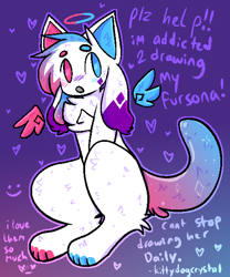 Size: 2400x2880 | Tagged: safe, artist:kittydogcrystal, oc, oc only, oc:crystal (kittydogcrystal), angel, canine, cat, dog, feline, fictional species, hybrid, kittydog (species), mammal, semi-anthro, youtube, 2020, :o, blue blush, blue eyes, blue feathers, blue fur, blue hair, blue tail, blush lines, blushing, body markings, chest fluff, english text, facial markings, feathered wings, feathers, floating wings, fluff, fur, genderfluid, gradient background, gradient hair, gradient tail, hair, halo, head fluff, heart, heterochromia, high res, multiple ears, neck fluff, open mouth, pink blush, pink eyes, pink feathers, pink fur, pink hair, pink tail, purple blush, purple fur, purple hair, purple tail, signature, sitting, smiley face, solo, tail, white fur, white hair, white outline, wings