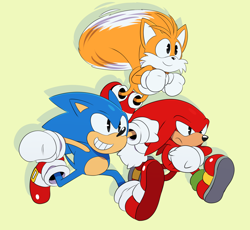 Size: 1820x1676 | Tagged: safe, artist:ss2sonic, knuckles the echidna (sonic), miles "tails" prower (sonic), sonic the hedgehog (sonic), canine, echidna, fox, hedgehog, mammal, monotreme, red fox, anthro, sega, sonic mania, sonic the hedgehog (series), 2017, dipstick tail, fluff, male, males only, multiple tails, orange tail, quills, red tail, simple background, tail, tail fluff, team sonic (sonic), trio, trio male, two tails, white tail, yellow background