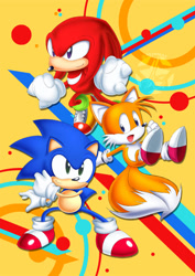 Size: 708x1000 | Tagged: safe, artist:alcyoneax, classic knuckles, classic sonic, classic tails, knuckles the echidna (sonic), miles "tails" prower (sonic), sonic the hedgehog (sonic), canine, echidna, fox, hedgehog, mammal, monotreme, red fox, anthro, sega, sonic mania, sonic the hedgehog (series), 2017, color porn, dipstick tail, fluff, male, males only, multiple tails, orange tail, quills, red tail, tail, tail fluff, team sonic (sonic), trio, trio male, two tails, watermark, white tail