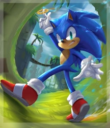 Size: 1024x1186 | Tagged: safe, artist:artistntraining, sonic the hedgehog (sonic), hedgehog, mammal, anthro, sega, sonic the hedgehog (series), sonic the hedgehog movie, 2019, blue fur, clothes, fur, gloves, green eyes, green hill zone, grin, jungle, male, palm tree, quills, ring (sonic), shoes, sneakers, solo, solo male, tree