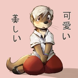 Size: 1250x1250 | Tagged: safe, artist:louart, mammal, mustelid, otter, anthro, blushing, bottomwear, clothes, female, japanese text, kneeling, pants, shirt, solo, solo female, topwear, translation request
