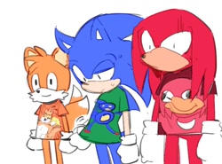 Size: 1112x824 | Tagged: safe, artist:shiche_jg, knuckles the echidna (sonic), miles "tails" prower (sonic), sonic the hedgehog (sonic), canine, echidna, fox, hedgehog, mammal, monotreme, red fox, anthro, archie sonic the hedgehog, sega, sonic the hedgehog (series), 2018, clothes, crossing the memes, group, male, males only, meme, quills, sanic, simple background, t-shirt, titan tails (sonic), topwear, trio, trio male, ugandan knuckles, wat, white background