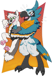 Size: 747x1100 | Tagged: safe, artist:crowned, kass (zelda), bird, canine, dog, fictional species, mammal, rito, anthro, feral, nintendo, the legend of zelda, the legend of zelda: breath of the wild, beak, duo, duo male, feathered wings, feathers, male, males only, open beak, open mouth, paw pads, paws, tail, tail feathers, wing hands, wings